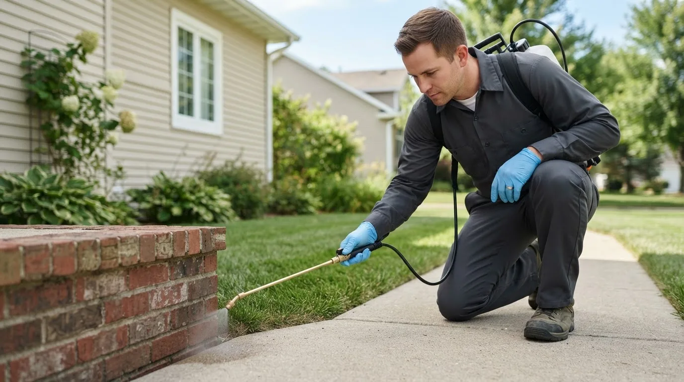 Pest control technician treating a home near Meriden, NH