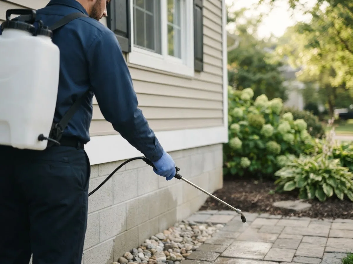 Pest control technician inspecting a home in Meriden, NH